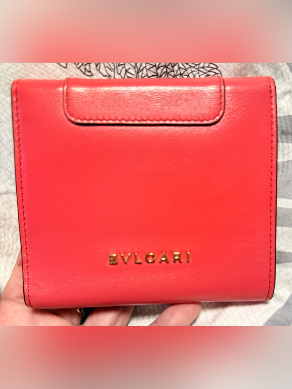 Bulgari Coral-Red Leather Compact Wallet with Gold BVLGARI Logo